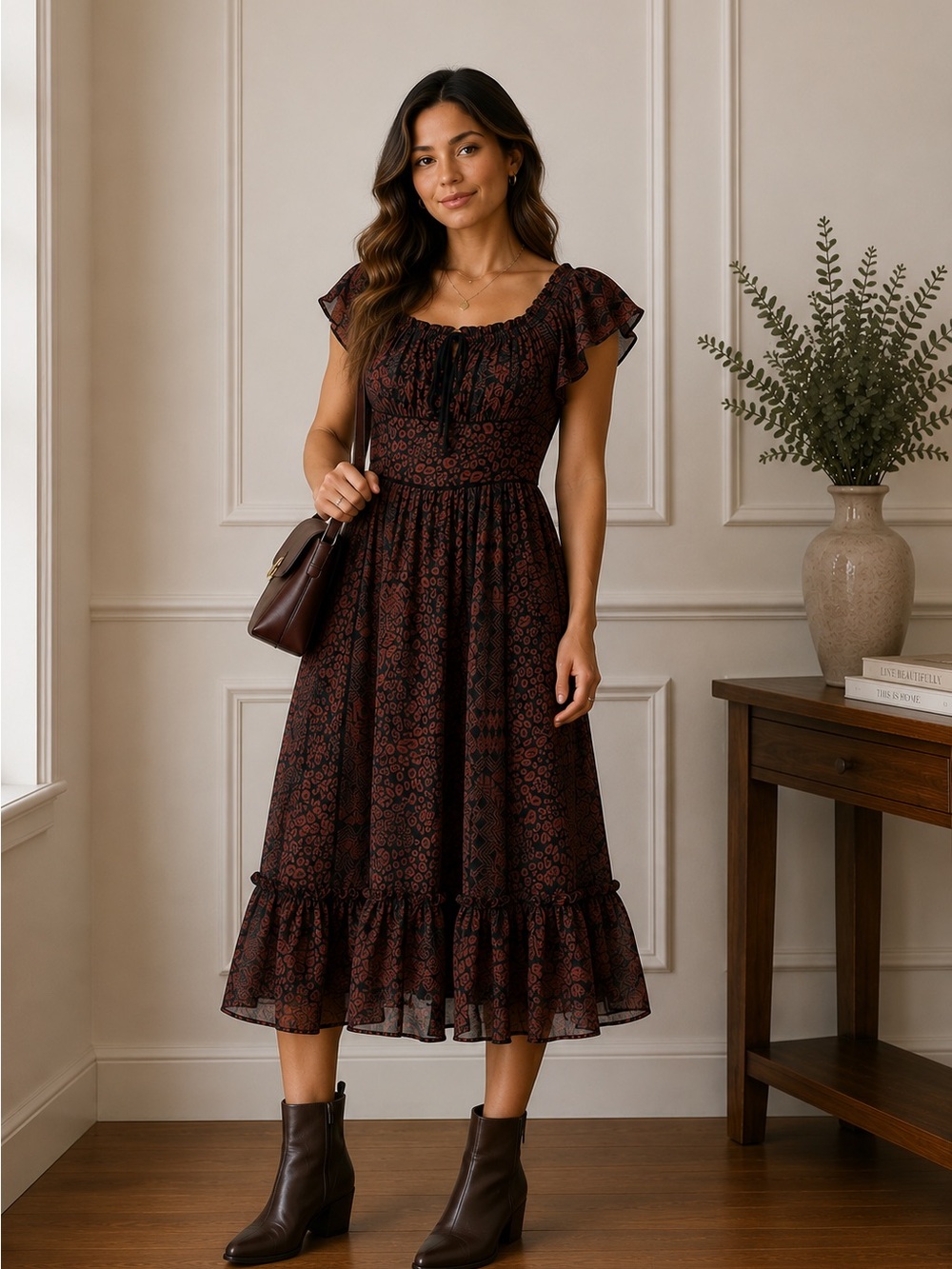 INSPR Black & Rust Patterned Midi Dress